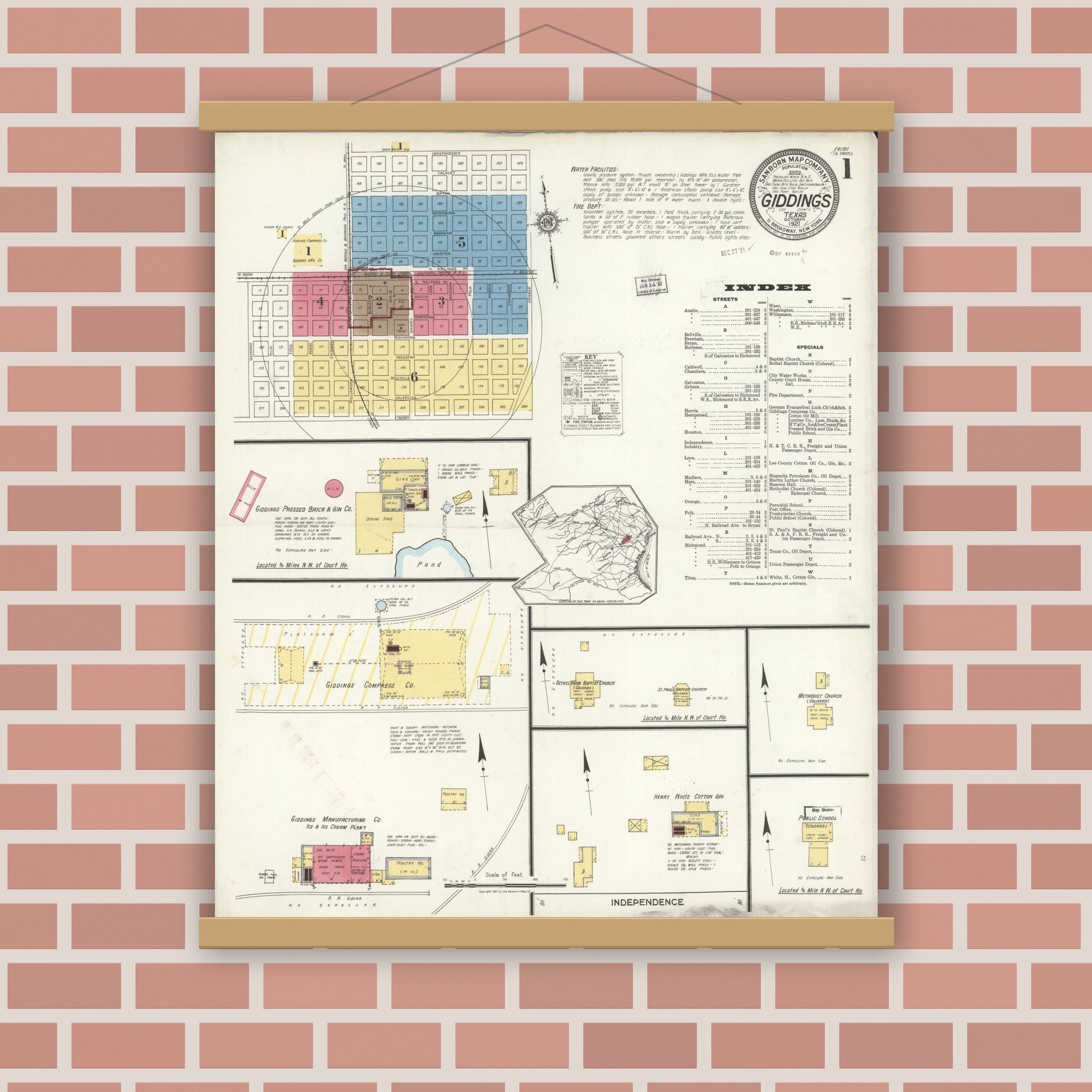 Old map wall art mockup — magnetic wood frame on brick wall — Sanborn Fire Insurance Map from Giddings, Lee County, Texas (1921) - Complete Map Set