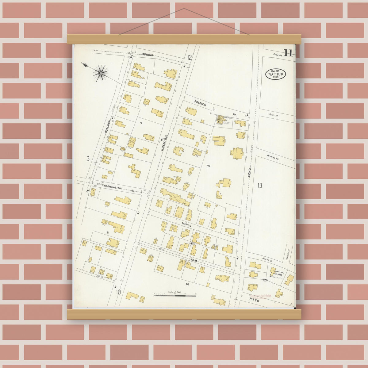Old map wall art mockup — magnetic wood frame on brick wall — Sanborn Fire Insurance Map from Natick, Middlesex County, Massachusetts (1904), Sheet #0011