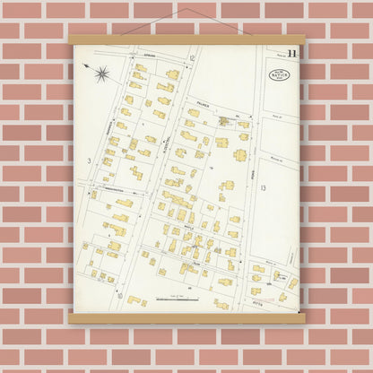 Old map wall art mockup — magnetic wood frame on brick wall — Sanborn Fire Insurance Map from Natick, Middlesex County, Massachusetts (1904), Sheet #0011