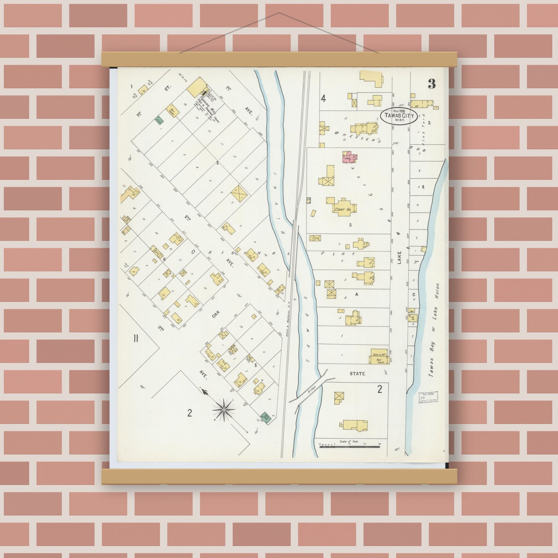 Old map wall art mockup — magnetic wood frame on brick wall — Sanborn Fire Insurance Map from Tawas City, Iosco County, Michigan (1898), Sheet #0003