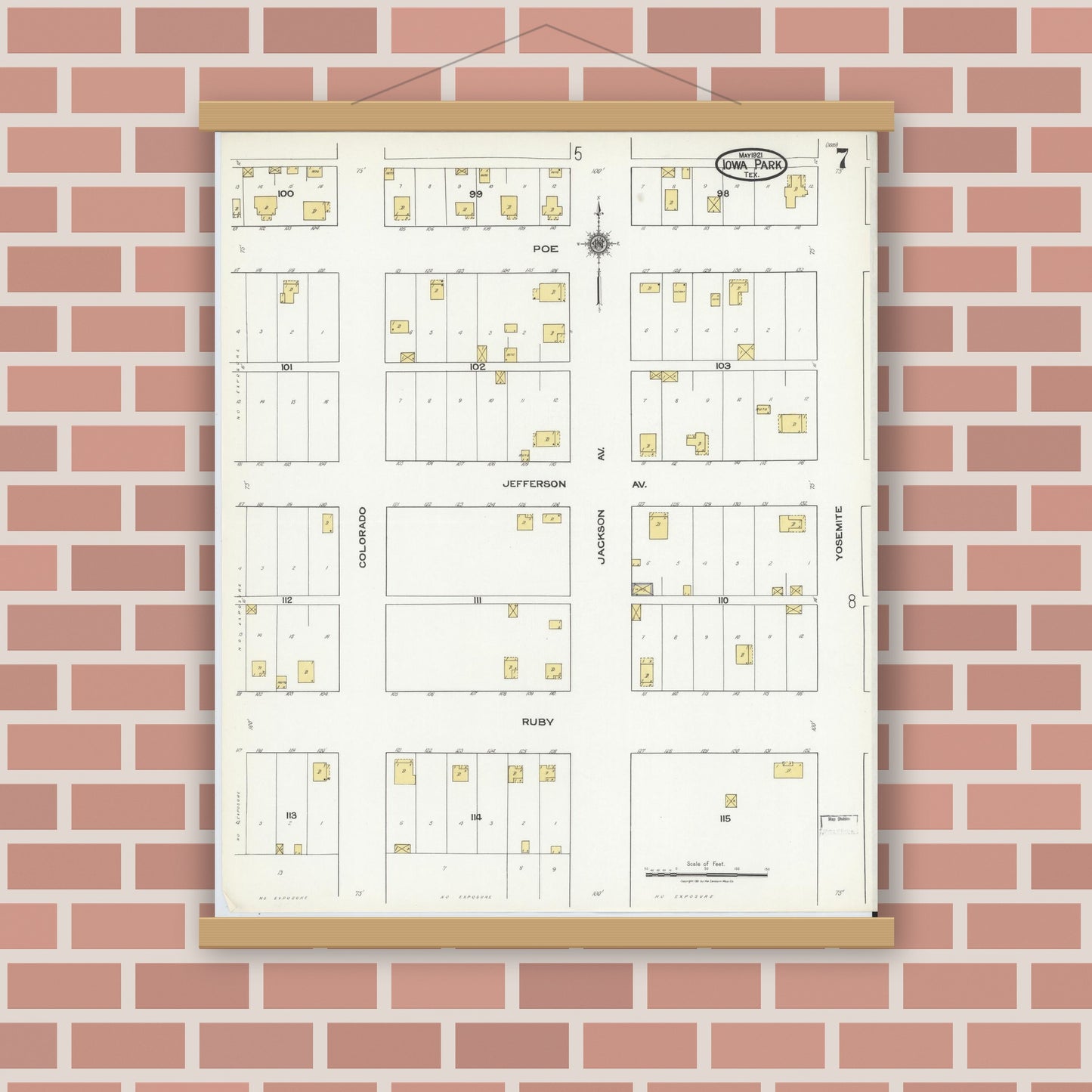 Old map wall art mockup — magnetic wood frame on brick wall — Sanborn Fire Insurance Map from Iowa Park, Wichita County, Texas (1921), Sheet #0007
