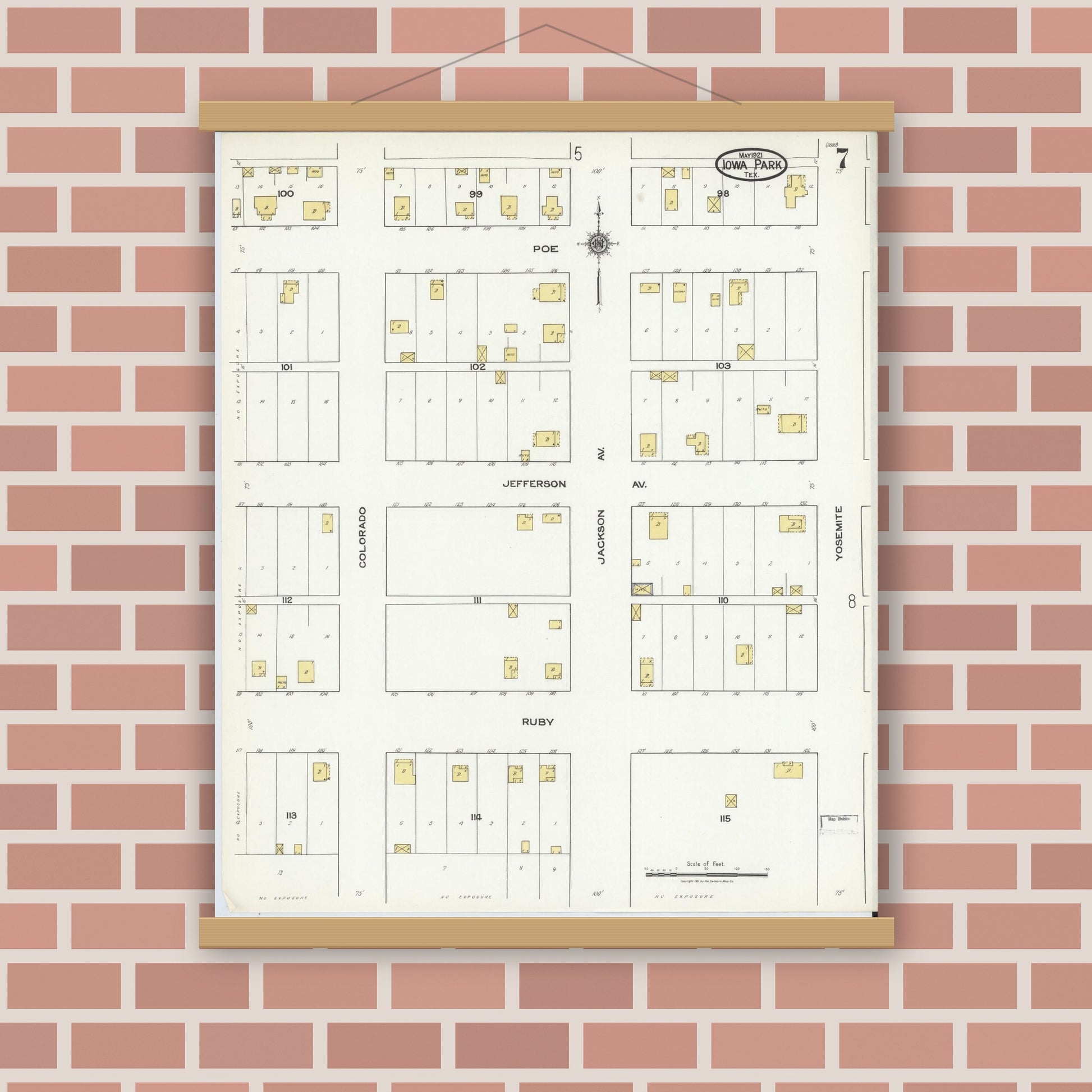 Old map wall art mockup — magnetic wood frame on brick wall — Sanborn Fire Insurance Map from Iowa Park, Wichita County, Texas (1921), Sheet #0007