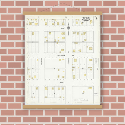 Old map wall art mockup — magnetic wood frame on brick wall — Sanborn Fire Insurance Map from Iowa Park, Wichita County, Texas (1921), Sheet #0007