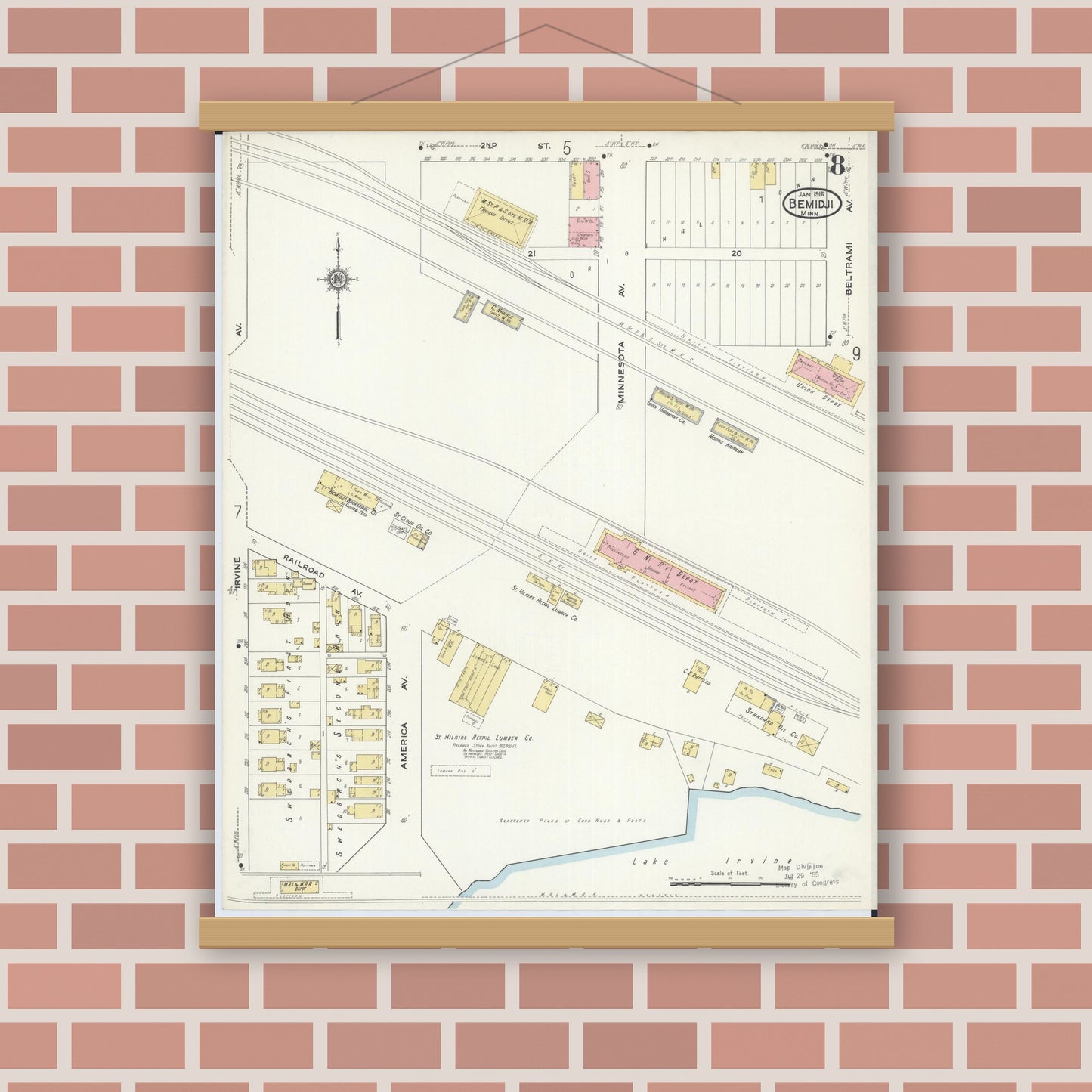 Old map wall art mockup — magnetic wood frame on brick wall — Sanborn Fire Insurance Map from Bemidji, Beltrami County, Minnesota (1916), Sheet #0008
