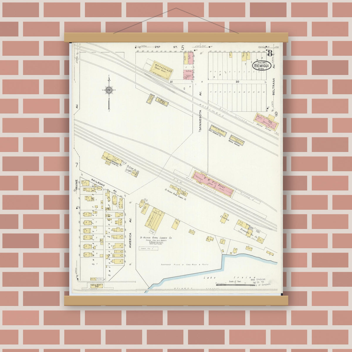 Old map wall art mockup — magnetic wood frame on brick wall — Sanborn Fire Insurance Map from Bemidji, Beltrami County, Minnesota (1916), Sheet #0008