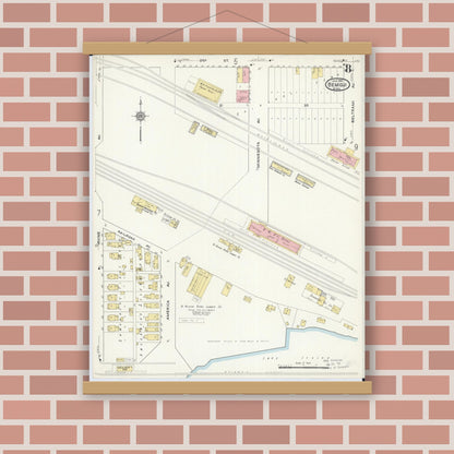 Old map wall art mockup — magnetic wood frame on brick wall — Sanborn Fire Insurance Map from Bemidji, Beltrami County, Minnesota (1916), Sheet #0008
