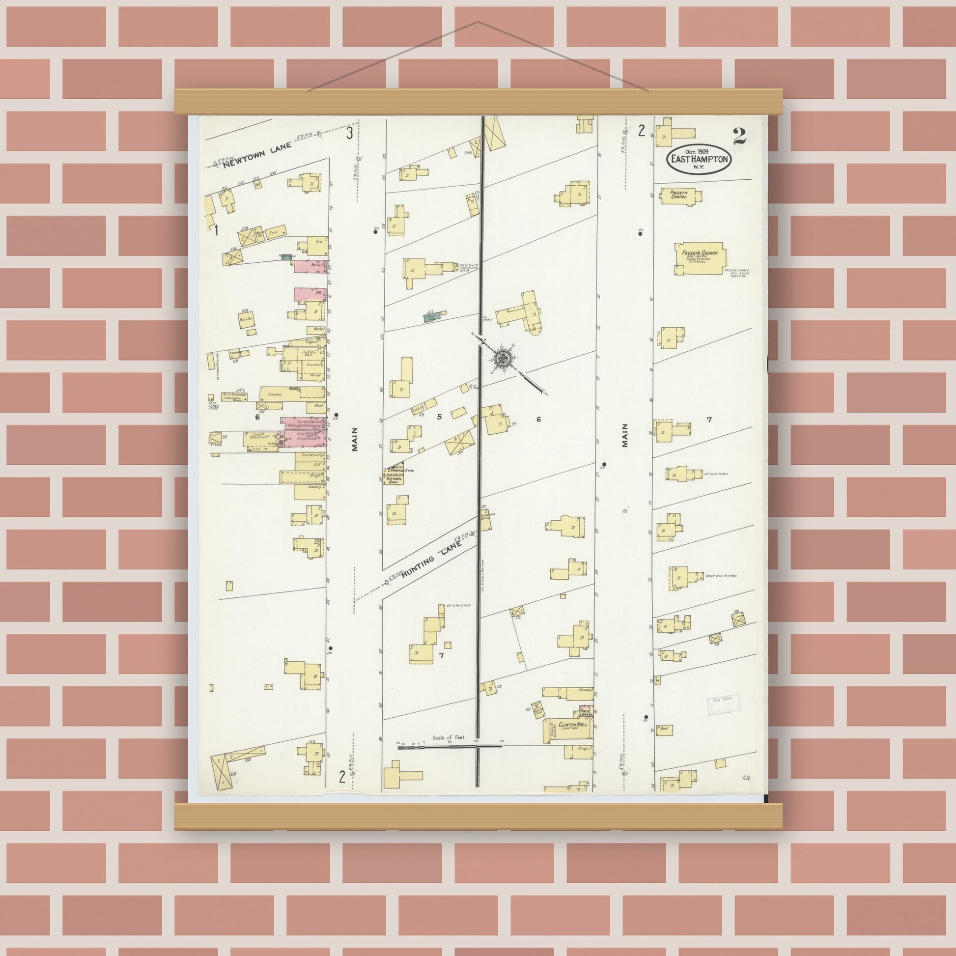 Old map wall art mockup — magnetic wood frame on brick wall — Sanborn Fire Insurance Map from Easthampton, Suffolk County, New York (1909), Sheet #0002