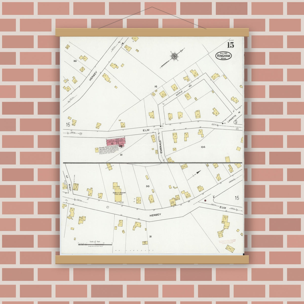Old map wall art mockup — magnetic wood frame on brick wall — Sanborn Fire Insurance Map from Hingham, Plymouth County, Massachusetts (1921), Sheet #0015