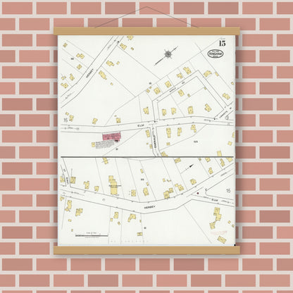 Old map wall art mockup — magnetic wood frame on brick wall — Sanborn Fire Insurance Map from Hingham, Plymouth County, Massachusetts (1921), Sheet #0015