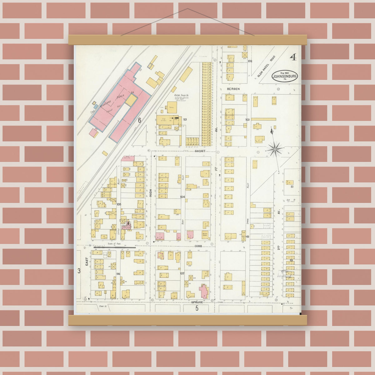 Old map wall art mockup — magnetic wood frame on brick wall — Sanborn Fire Insurance Map from Johnsonburg, Elk County, Pennsylvania (1904), Sheet #0004