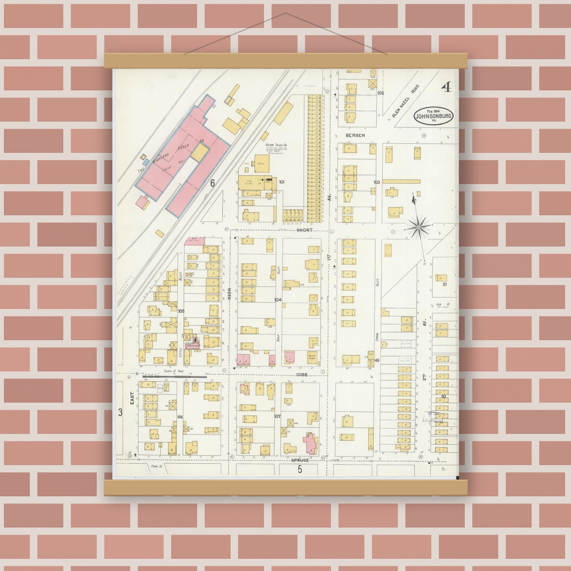 Old map wall art mockup — magnetic wood frame on brick wall — Sanborn Fire Insurance Map from Johnsonburg, Elk County, Pennsylvania (1904), Sheet #0004