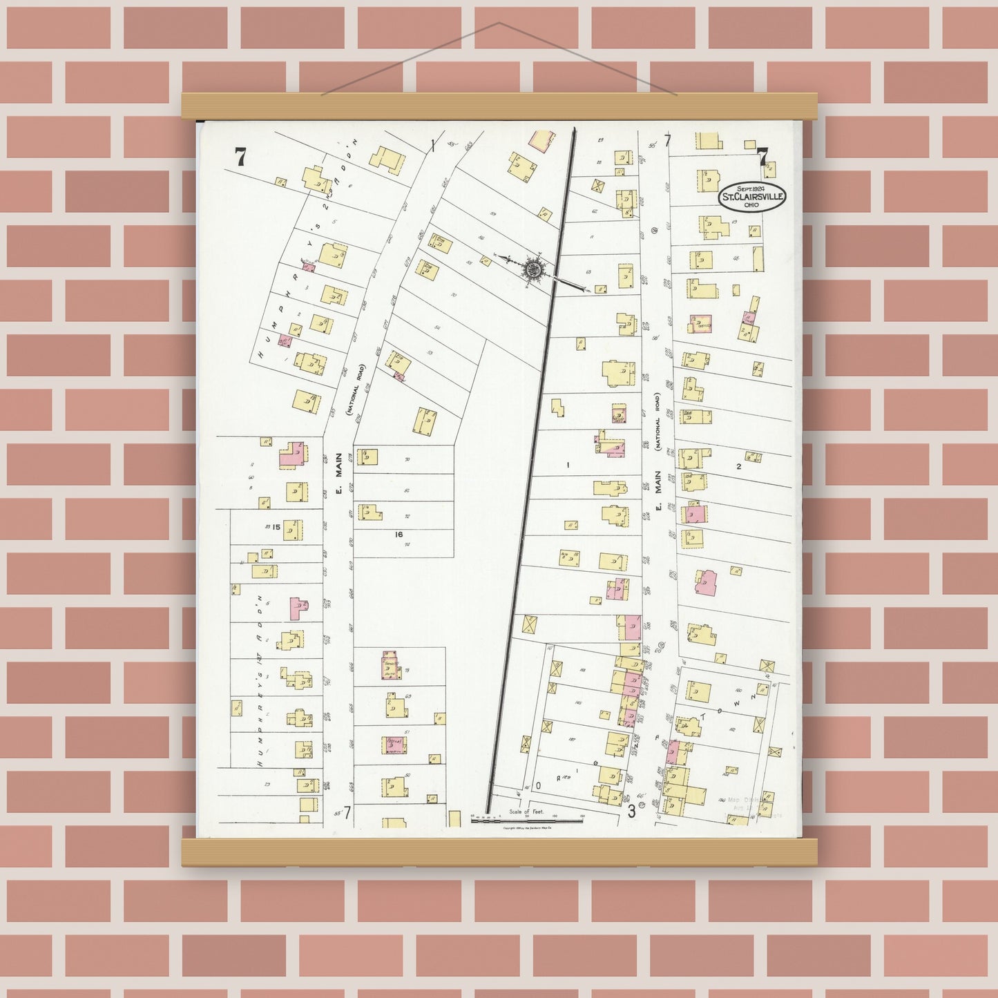 Old map wall art mockup — magnetic wood frame on brick wall — Sanborn Fire Insurance Map from Saint Clairsville, Belmont County, Ohio (1924), Sheet #0007