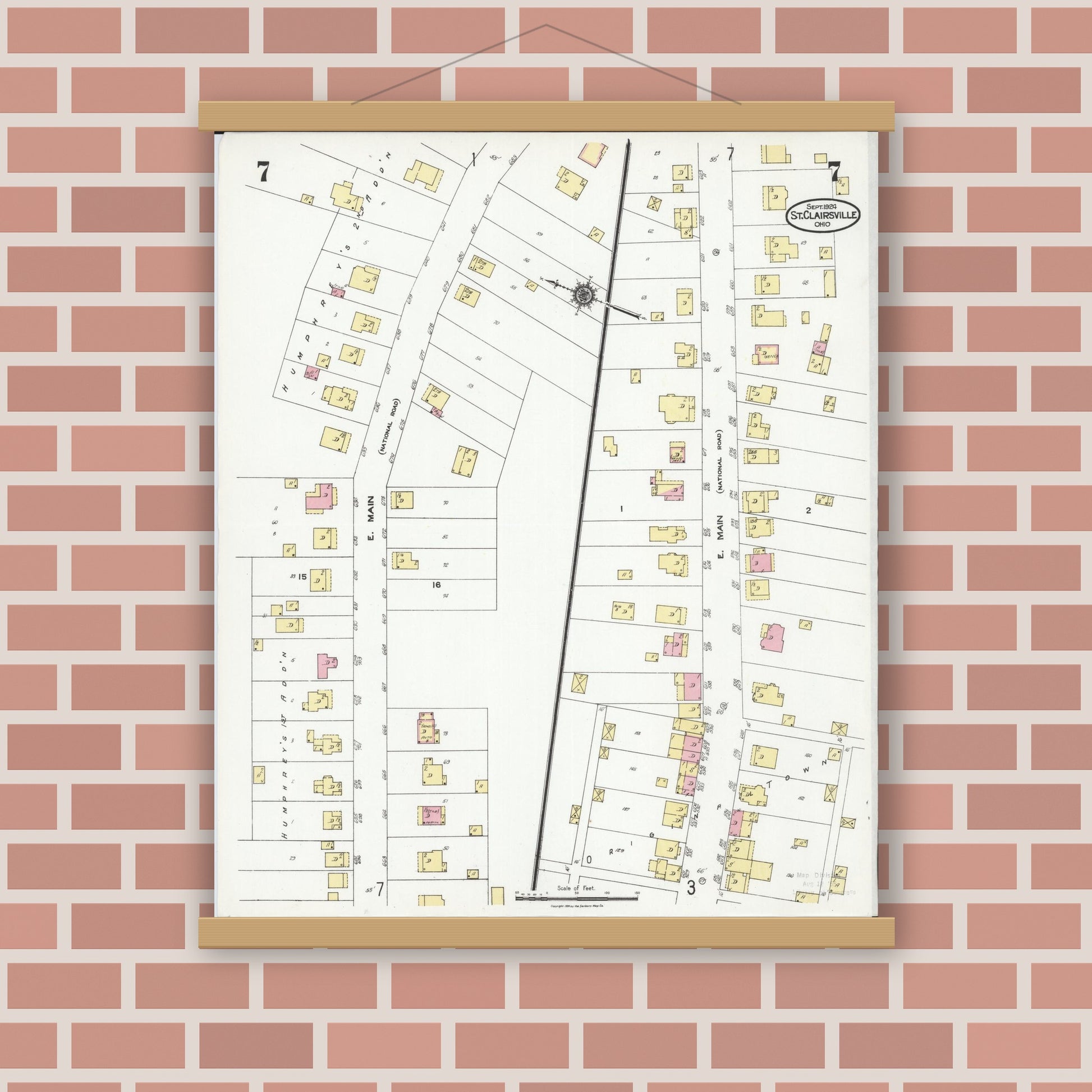 Old map wall art mockup — magnetic wood frame on brick wall — Sanborn Fire Insurance Map from Saint Clairsville, Belmont County, Ohio (1924), Sheet #0007
