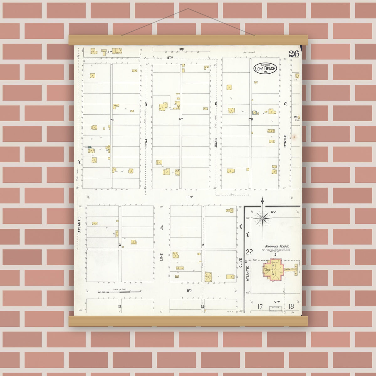 Old map wall art mockup — magnetic wood frame on brick wall — Sanborn Fire Insurance Map from Long Beach, Los Angeles County, California (1902), Sheet #0026