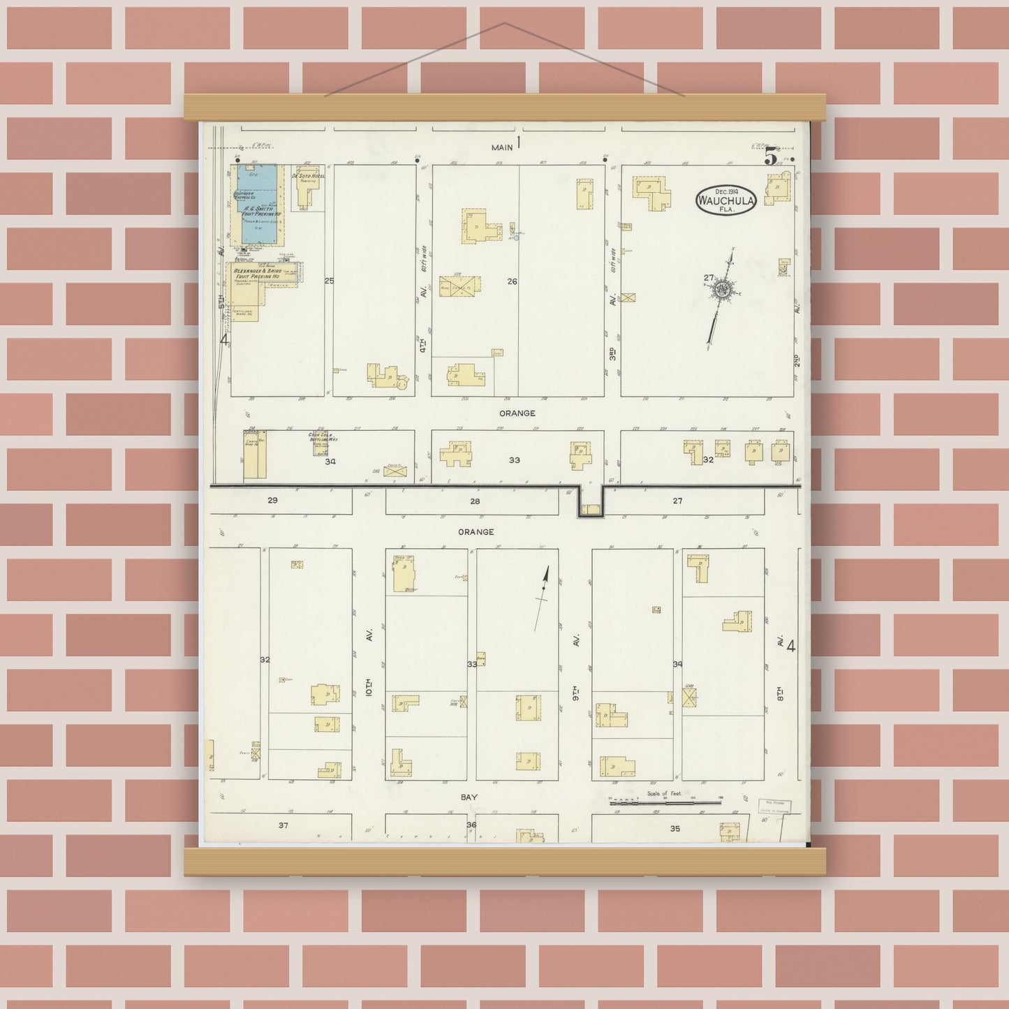 Old map wall art mockup — magnetic wood frame on brick wall — Sanborn Fire Insurance Map from Wauchula, Hardee County, Florida (1914), Sheet #0005