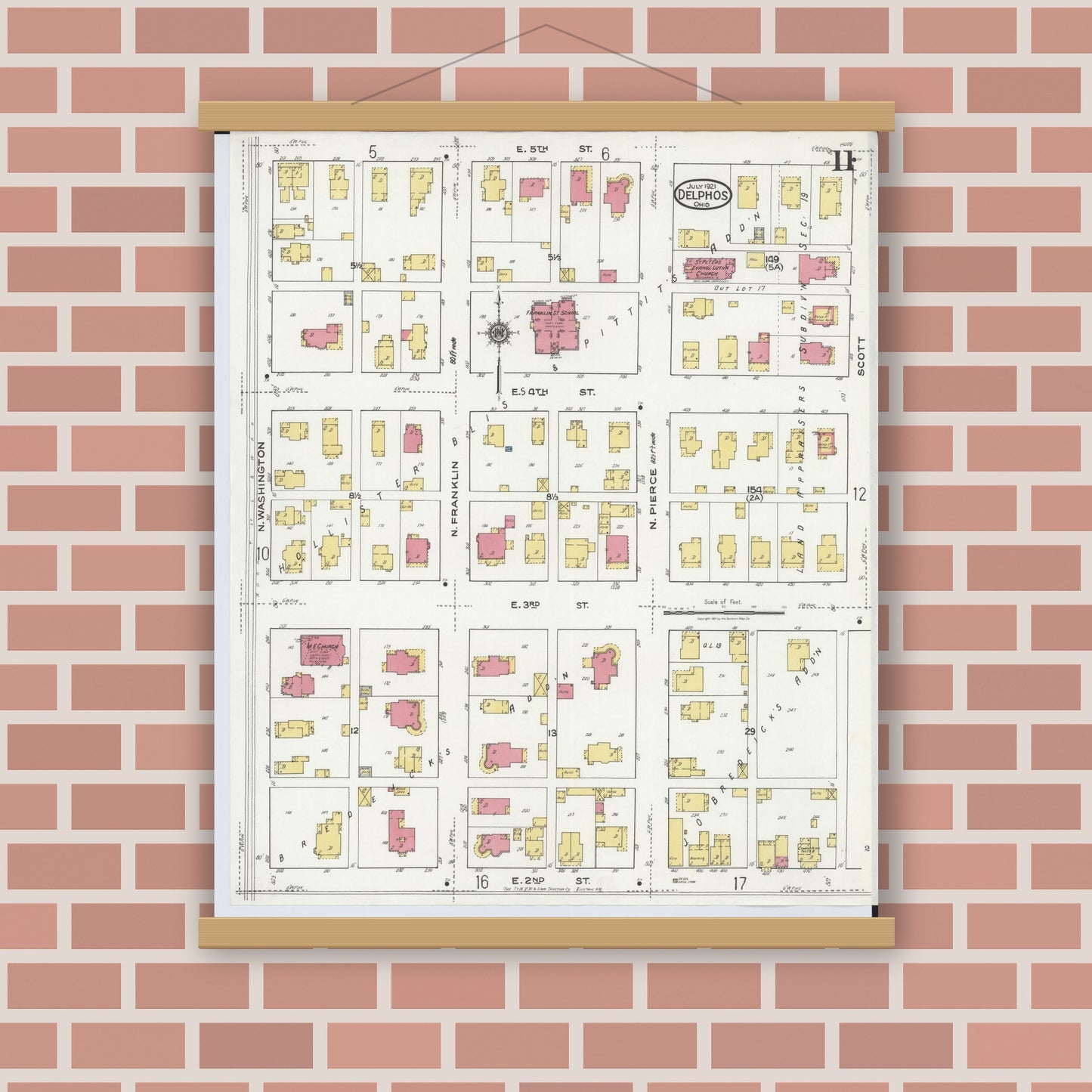 Old map wall art mockup — magnetic wood frame on brick wall — Sanborn Fire Insurance Map from Delphos, Van Wert And Allen Counties, Ohio (1921), Sheet #0011