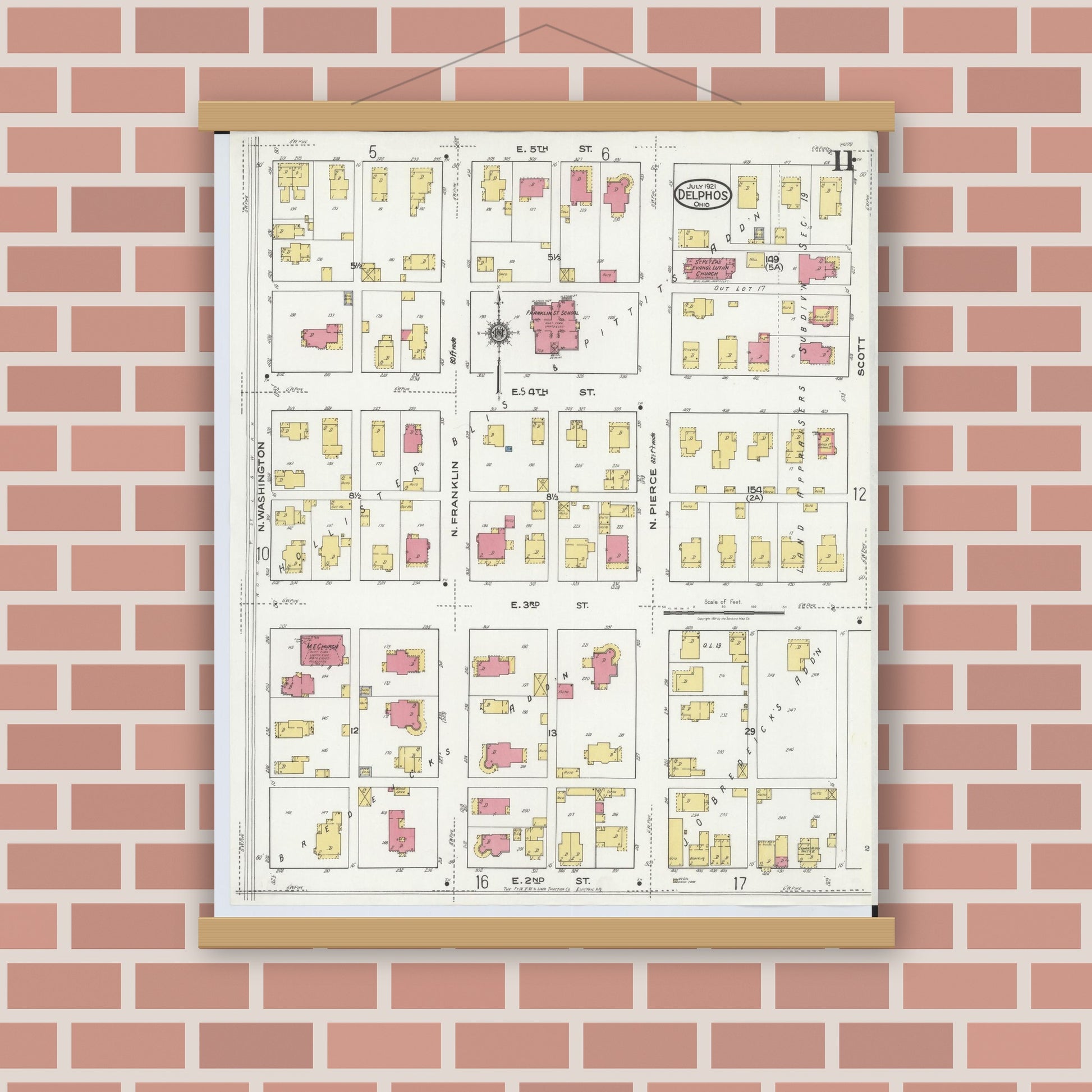 Old map wall art mockup — magnetic wood frame on brick wall — Sanborn Fire Insurance Map from Delphos, Van Wert And Allen Counties, Ohio (1921), Sheet #0011