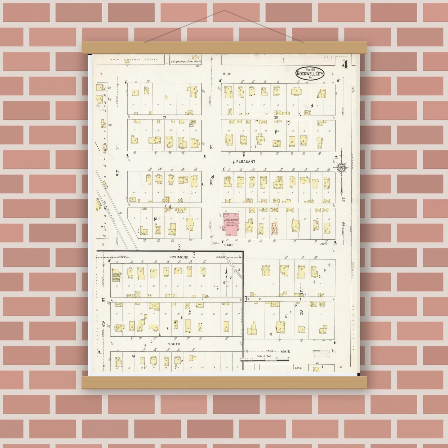 Old map wall art mockup — magnetic wood frame on brick wall — Sanborn Fire Insurance Map from Rockwell City, Calhoun County, Iowa (1915), Sheet #0004