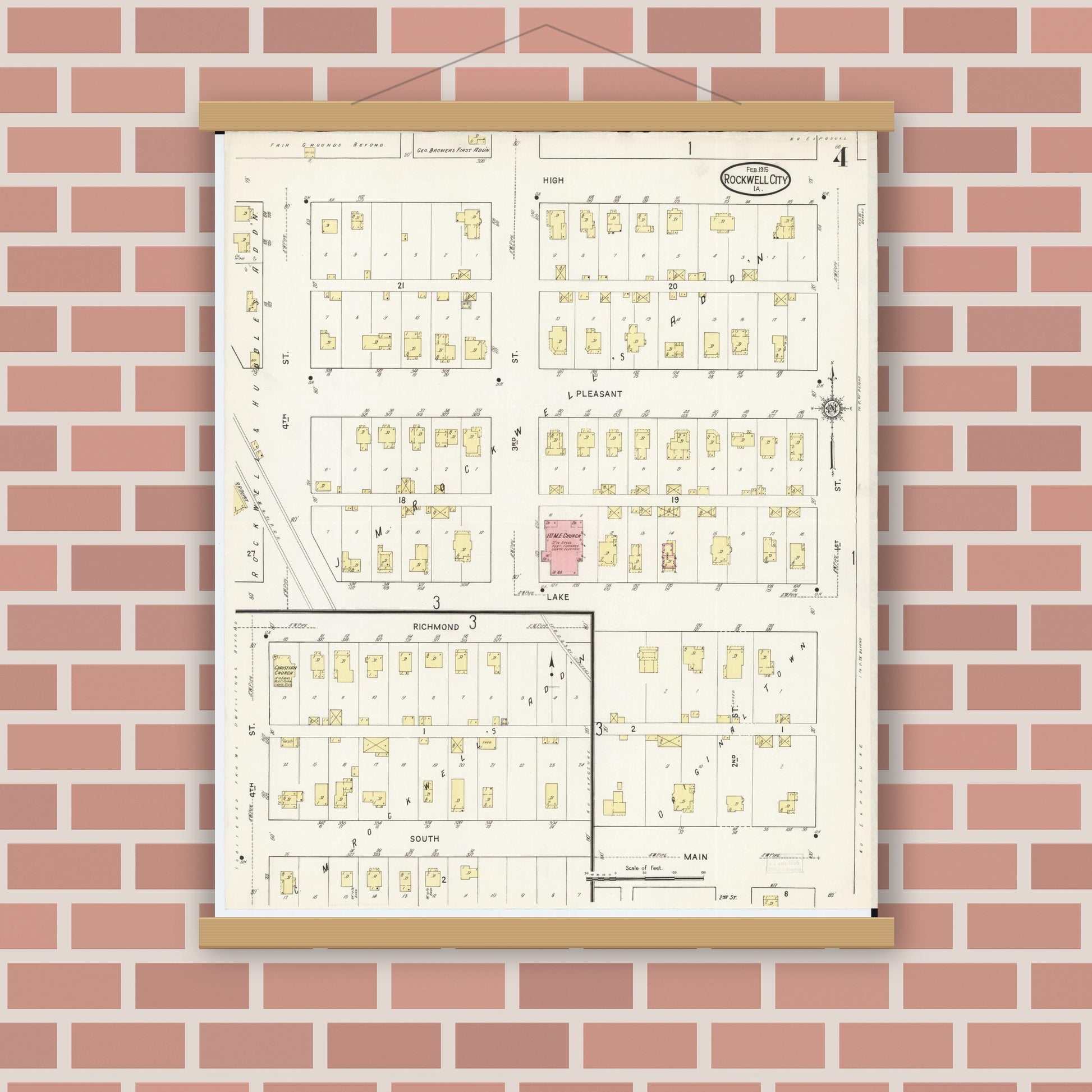 Old map wall art mockup — magnetic wood frame on brick wall — Sanborn Fire Insurance Map from Rockwell City, Calhoun County, Iowa (1915), Sheet #0004
