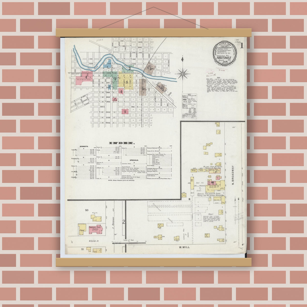 Old map wall art mockup — magnetic wood frame on brick wall — Sanborn Fire Insurance Map from Hastings, Barry County, Michigan (1896), Sheet #0001