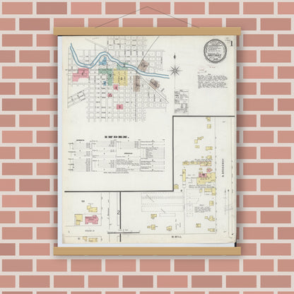 Old map wall art mockup — magnetic wood frame on brick wall — Sanborn Fire Insurance Map from Hastings, Barry County, Michigan (1896), Sheet #0001