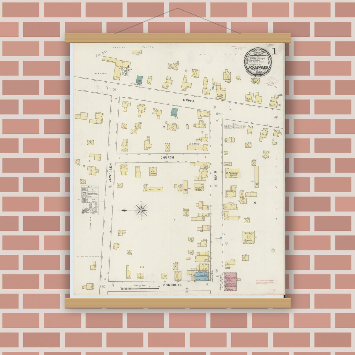 Old map wall art mockup — magnetic wood frame on brick wall — Sanborn Fire Insurance Map from Rushford, Allegany County, New York (1894) - Complete Map Set