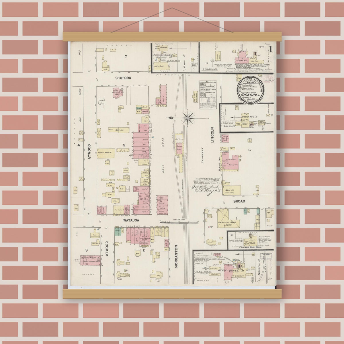 Old map wall art mockup — magnetic wood frame on brick wall — Sanborn Fire Insurance Map from Hickory, Catawba County, North Carolina (1890), Sheet #0001