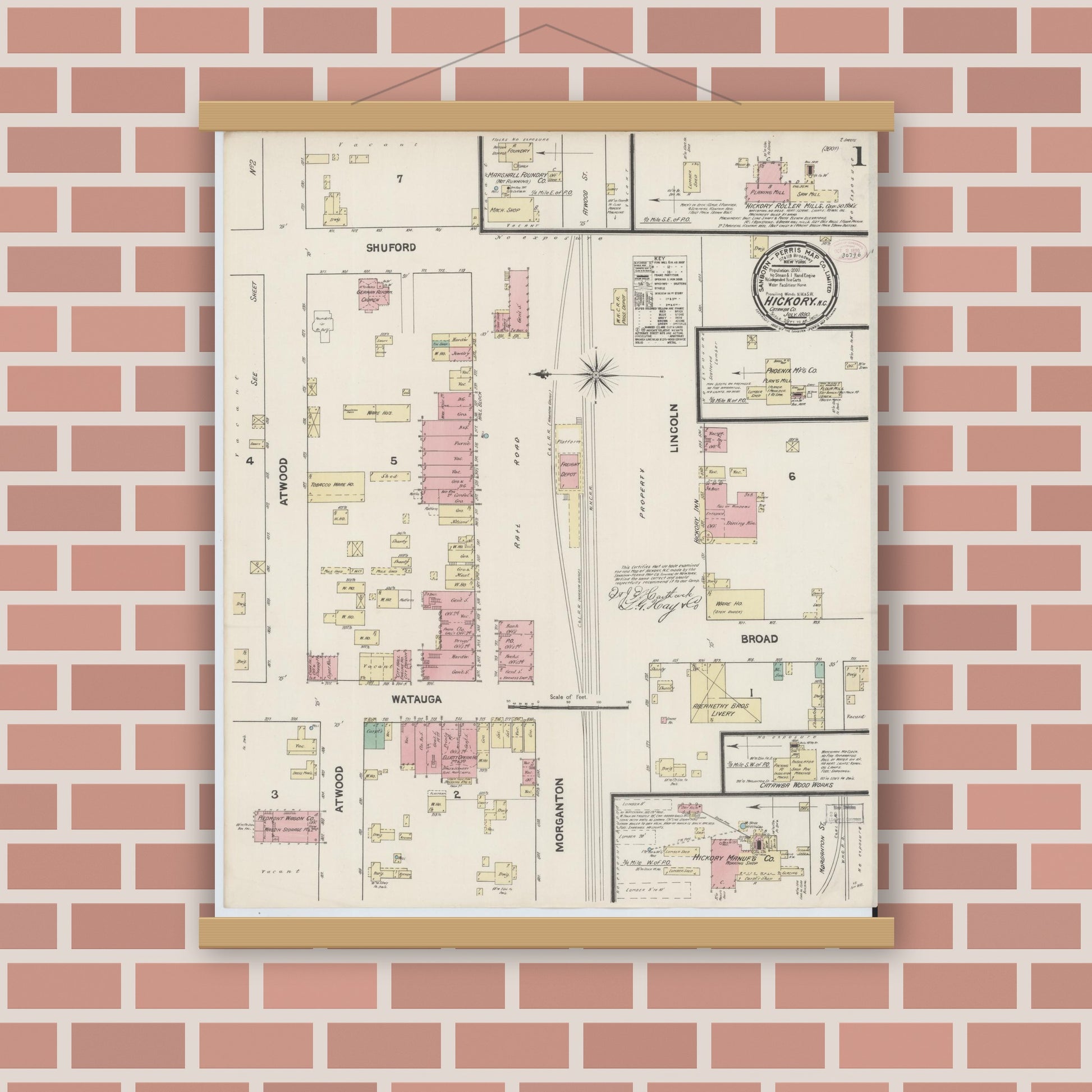 Old map wall art mockup — magnetic wood frame on brick wall — Sanborn Fire Insurance Map from Hickory, Catawba County, North Carolina (1890), Sheet #0001