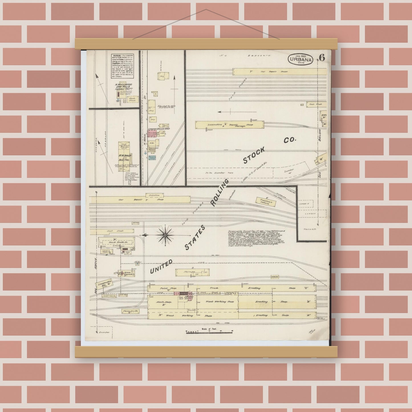 Old map wall art mockup — magnetic wood frame on brick wall — Sanborn Fire Insurance Map from Urbana, Champaign County, Ohio (1885), Sheet #0006