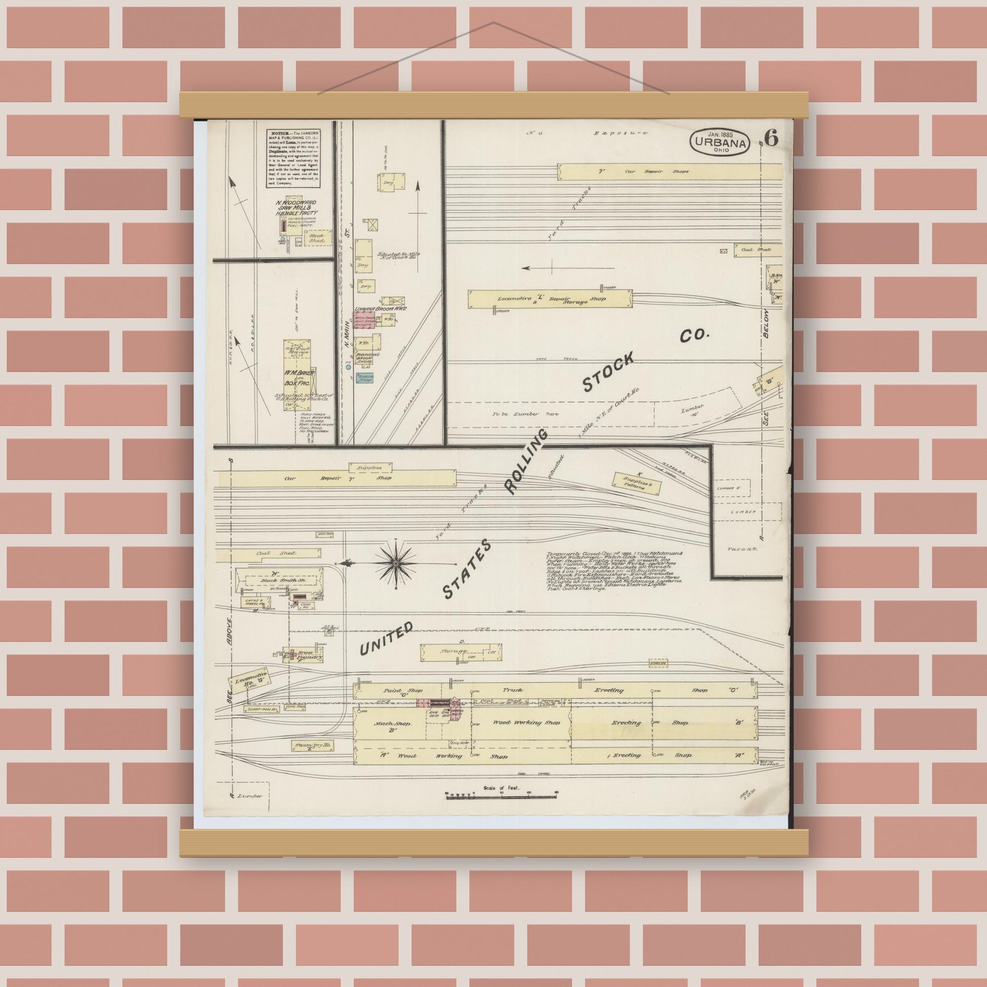 Old map wall art mockup — magnetic wood frame on brick wall — Sanborn Fire Insurance Map from Urbana, Champaign County, Ohio (1885), Sheet #0006