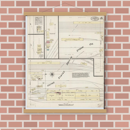 Old map wall art mockup — magnetic wood frame on brick wall — Sanborn Fire Insurance Map from Urbana, Champaign County, Ohio (1885), Sheet #0006