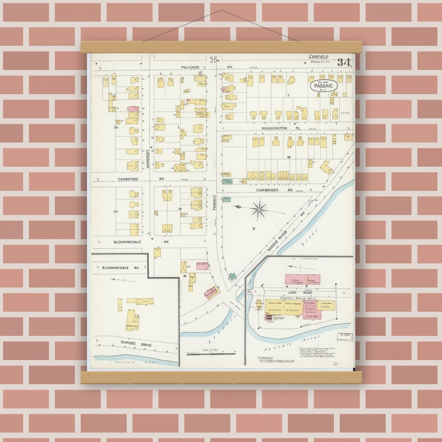 Old map wall art mockup — magnetic wood frame on brick wall — Sanborn Fire Insurance Map from Passaic, Passaic County, New Jersey (1903), Sheet #0034