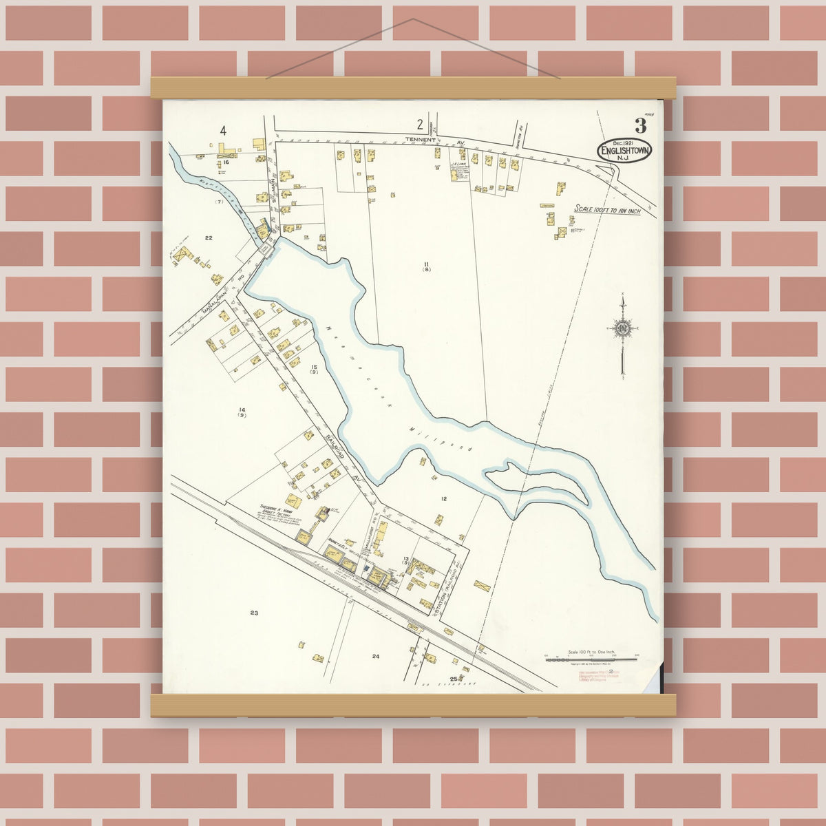 Old map wall art mockup — magnetic wood frame on brick wall — Sanborn Fire Insurance Map from Englishtown, Monmouth County, New Jersey (1921), Sheet #0003