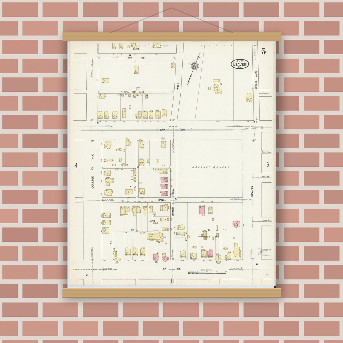 Old map wall art mockup — magnetic wood frame on brick wall — Sanborn Fire Insurance Map from Beaver, Beaver County, Pennsylvania (1912), Sheet #0005
