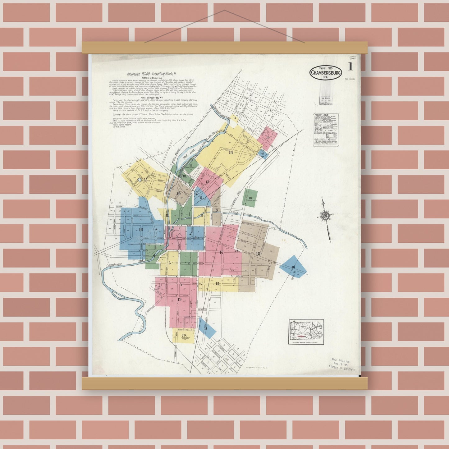 Old map wall art mockup — magnetic wood frame on brick wall — Sanborn Fire Insurance Map from Chambersburg, Franklin County, Pennsylvania (1916), Sheet #0001