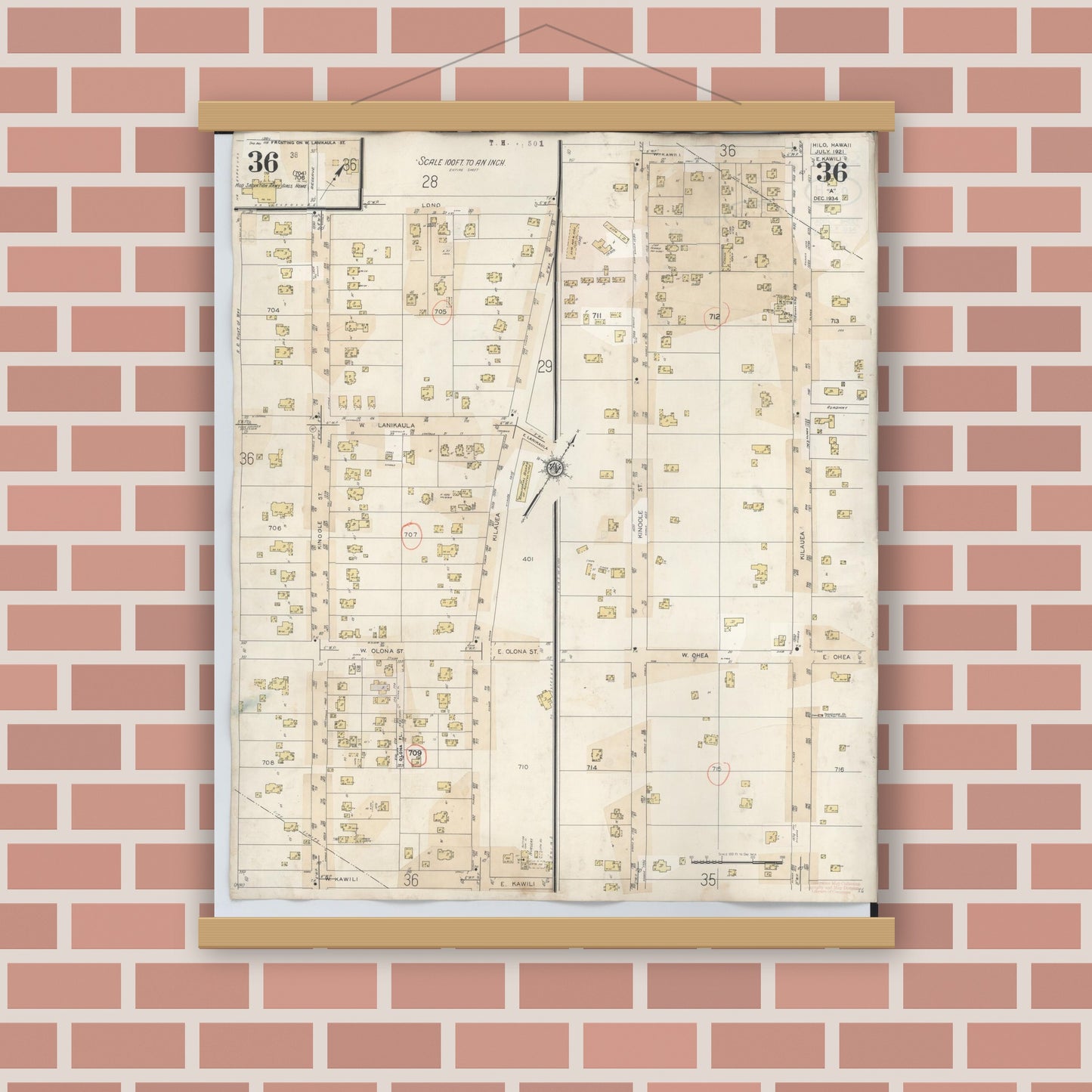 Old map wall art mockup — magnetic wood frame on brick wall — Sanborn Fire Insurance Map from Hilo, Hawaii County, Hawaii (1957), Sheet #0036