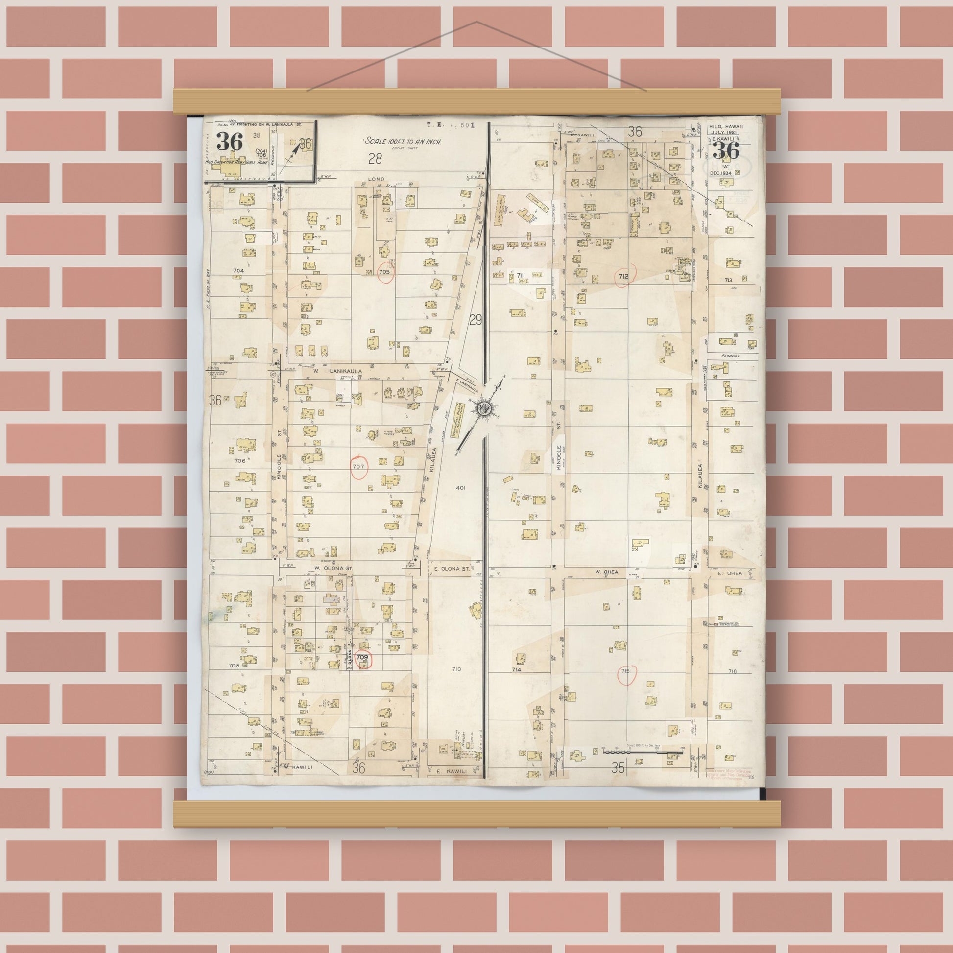 Old map wall art mockup — magnetic wood frame on brick wall — Sanborn Fire Insurance Map from Hilo, Hawaii County, Hawaii (1957), Sheet #0036