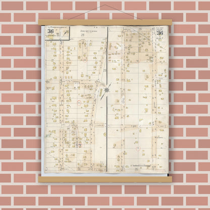 Old map wall art mockup — magnetic wood frame on brick wall — Sanborn Fire Insurance Map from Hilo, Hawaii County, Hawaii (1957), Sheet #0036