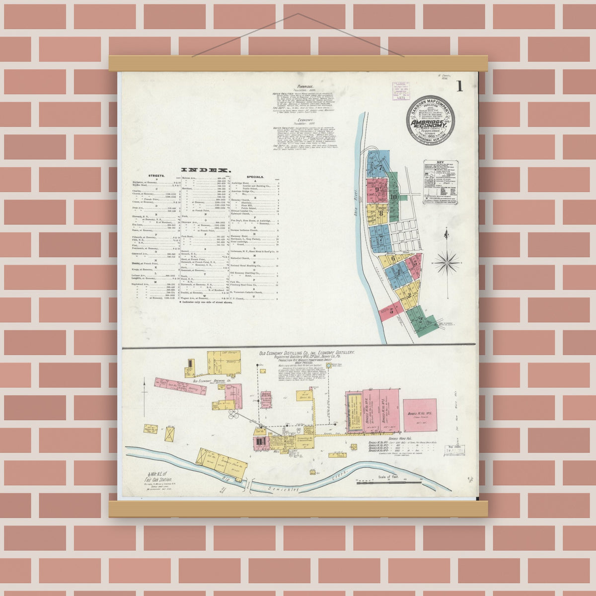 Old map wall art mockup — magnetic wood frame on brick wall — Sanborn Fire Insurance Map from Ambridge, Beaver County, Pennsylvania (1905), Sheet #0001