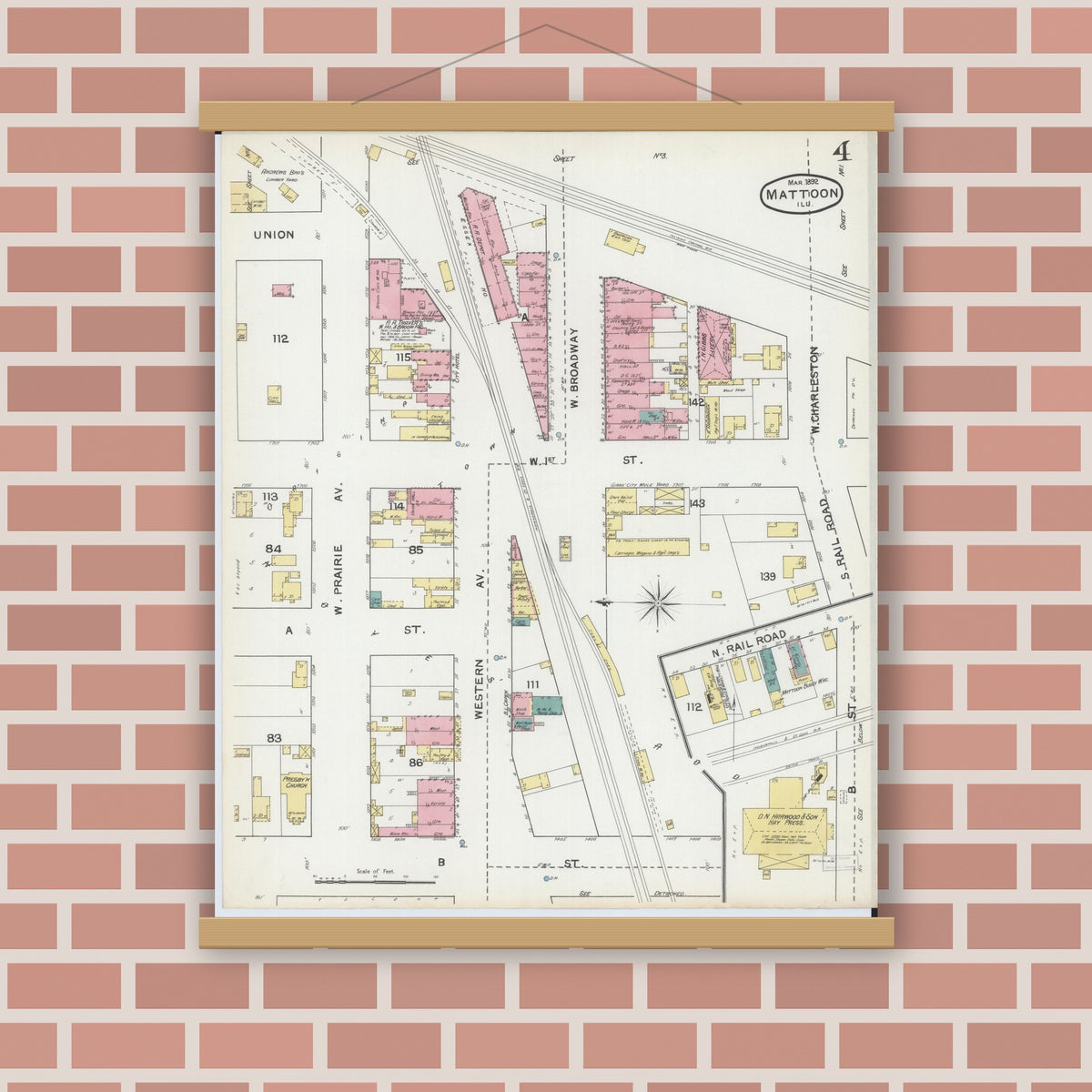 Old map wall art mockup — magnetic wood frame on brick wall — Sanborn Fire Insurance Map from Mattoon, Coles County, Illinois (1892), Sheet #0004