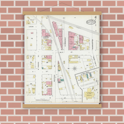 Old map wall art mockup — magnetic wood frame on brick wall — Sanborn Fire Insurance Map from Mattoon, Coles County, Illinois (1892), Sheet #0004