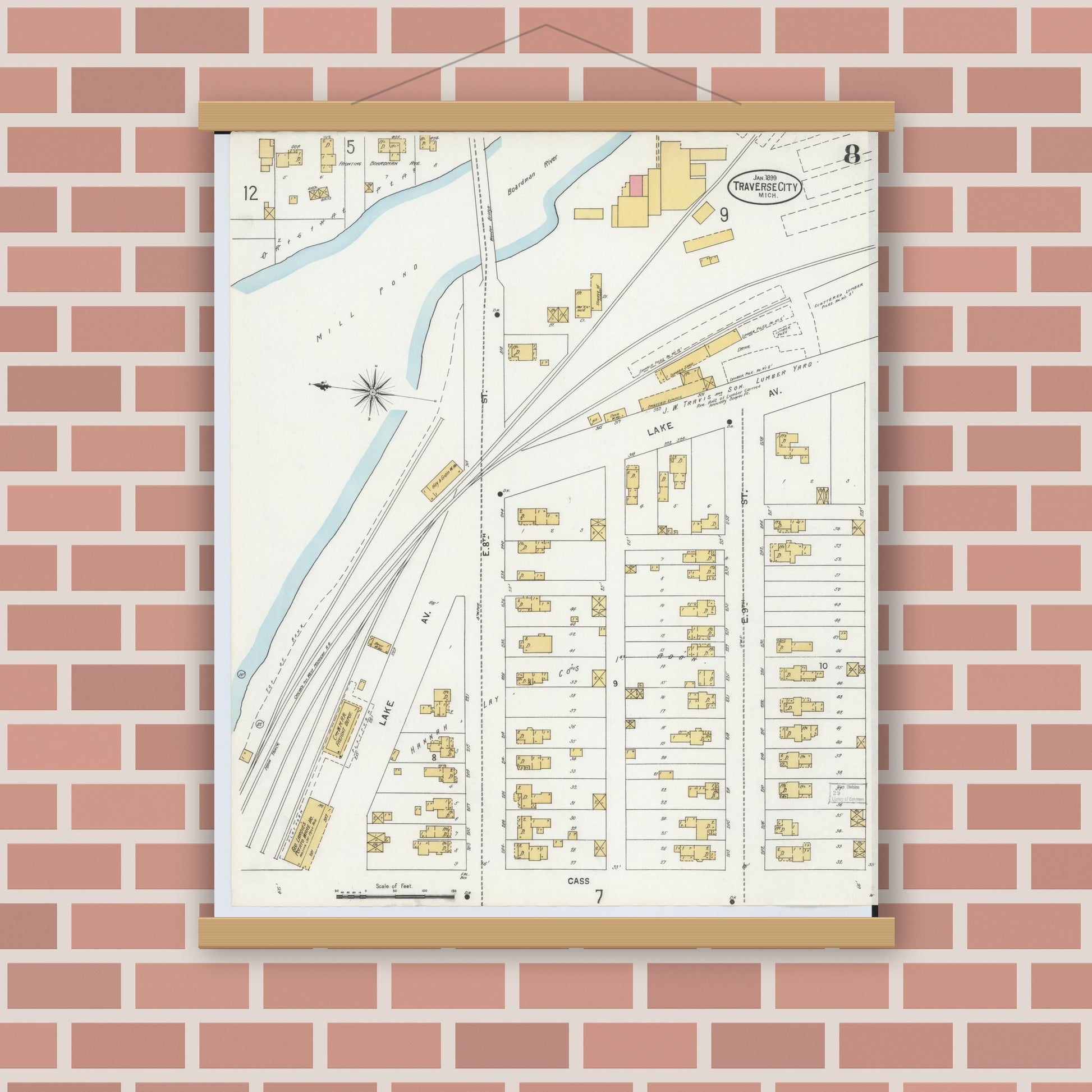 Old map wall art mockup — magnetic wood frame on brick wall — Sanborn Fire Insurance Map from Traverse City, Grand Traverse County, Michigan (1899), Sheet #0008