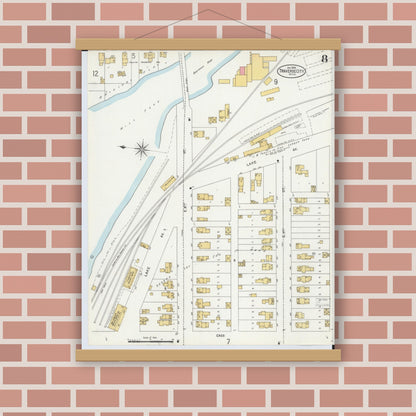 Old map wall art mockup — magnetic wood frame on brick wall — Sanborn Fire Insurance Map from Traverse City, Grand Traverse County, Michigan (1899), Sheet #0008