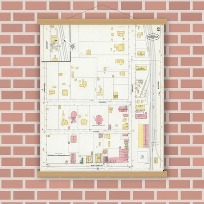 Old map wall art mockup — magnetic wood frame on brick wall — Sanborn Fire Insurance Map from Henderson, Vance County, North Carolina (1901), Sheet #0002