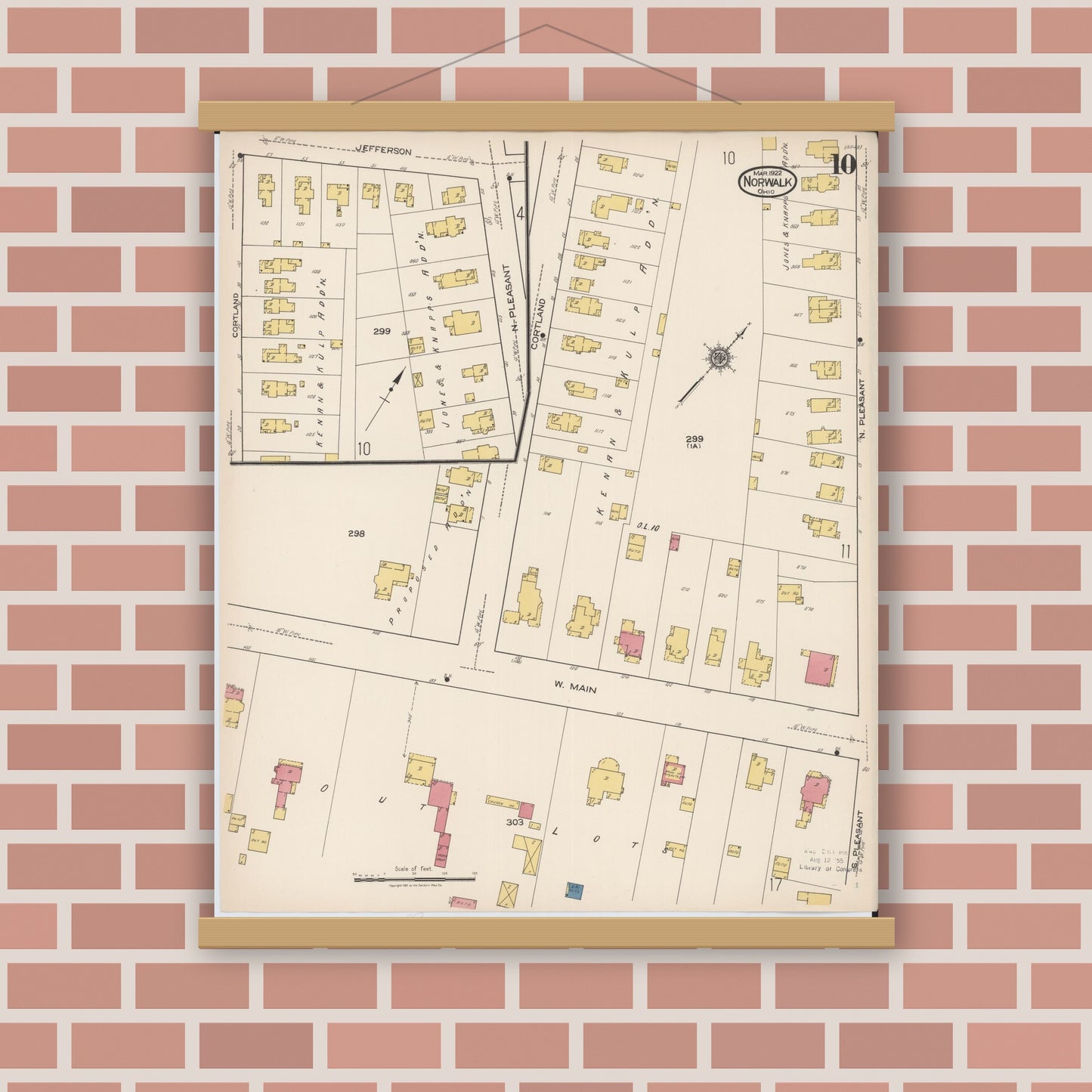 Old map wall art mockup — magnetic wood frame on brick wall — Sanborn Fire Insurance Map from Norwalk, Huron County, Ohio (1922), Sheet #0010
