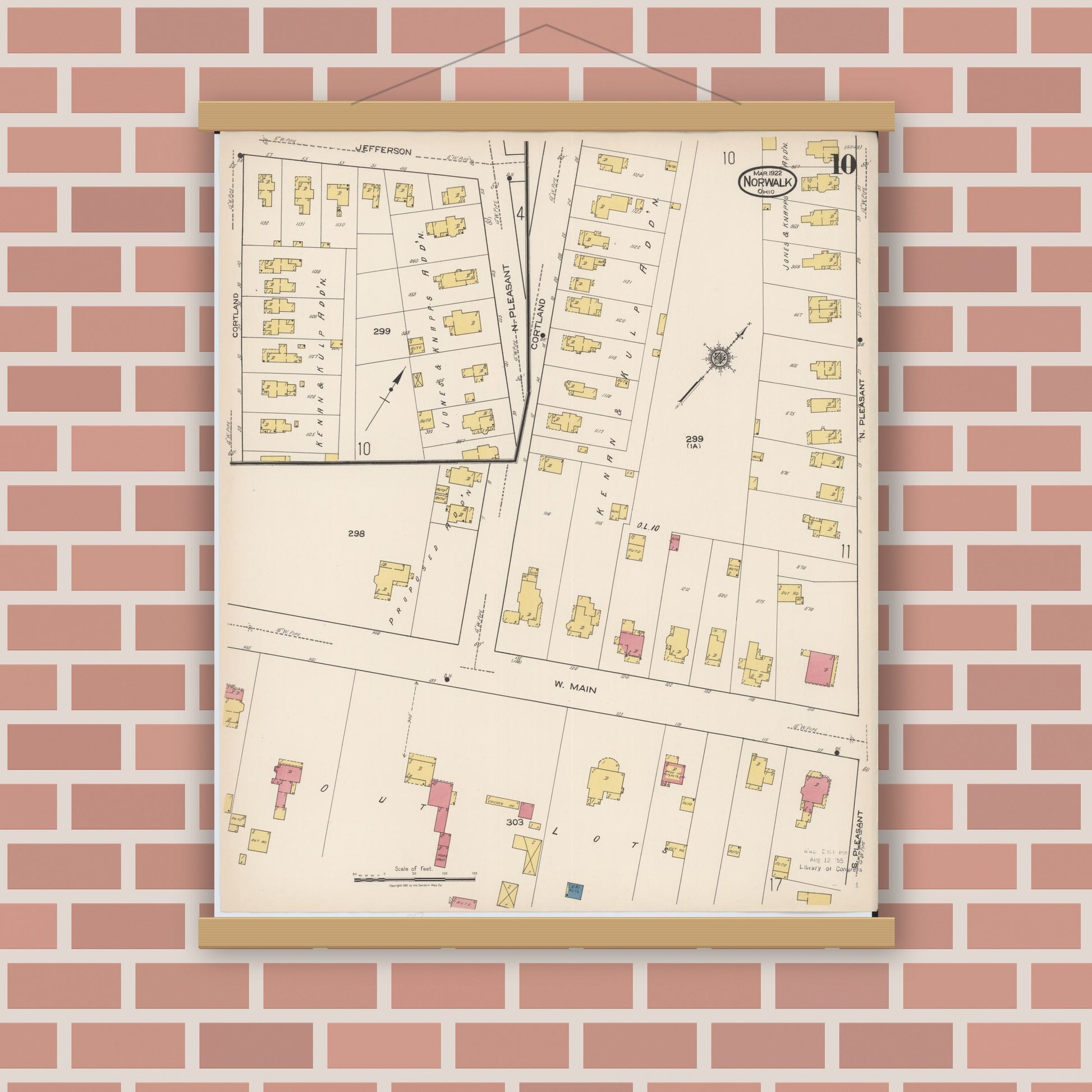 Old map wall art mockup — magnetic wood frame on brick wall — Sanborn Fire Insurance Map from Norwalk, Huron County, Ohio (1922), Sheet #0010