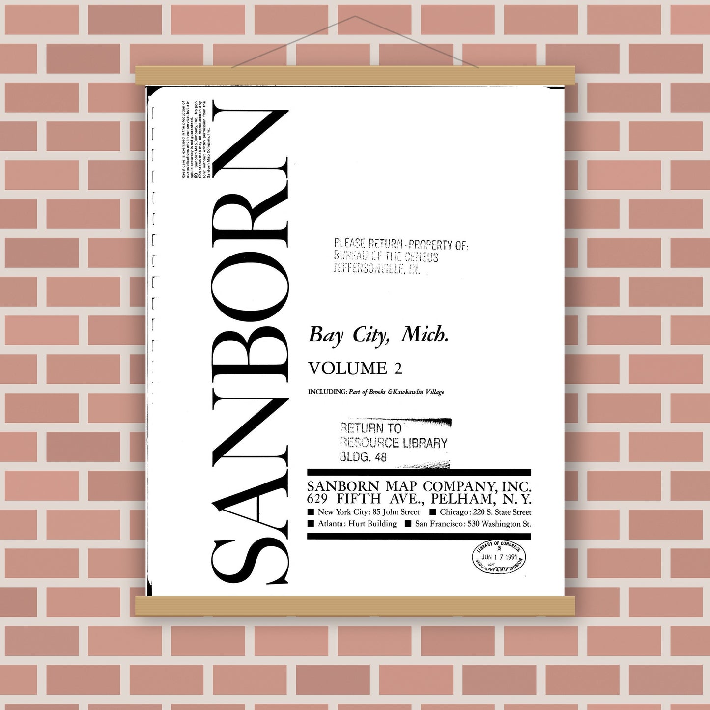 Old map wall art mockup — magnetic wood frame on brick wall — Sanborn Fire Insurance Map from Bay City, Bay County, Michigan (1963), Sheet #0001