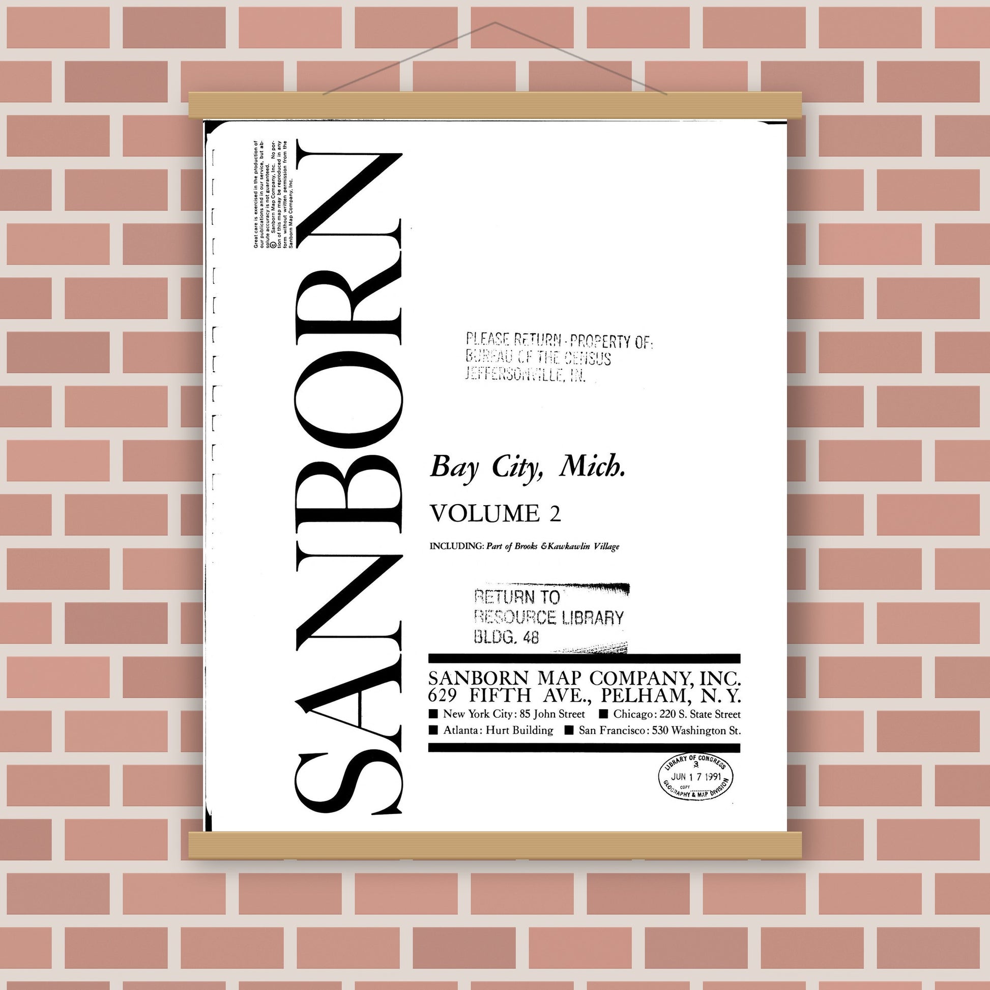 Old map wall art mockup — magnetic wood frame on brick wall — Sanborn Fire Insurance Map from Bay City, Bay County, Michigan (1963), Sheet #0001