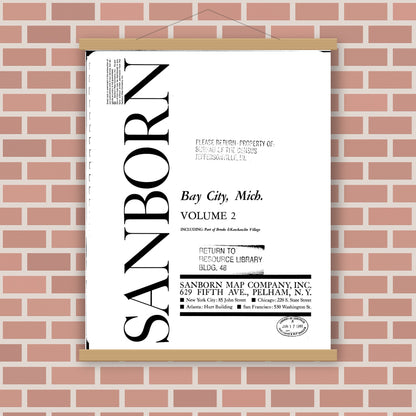 Old map wall art mockup — magnetic wood frame on brick wall — Sanborn Fire Insurance Map from Bay City, Bay County, Michigan (1963), Sheet #0001