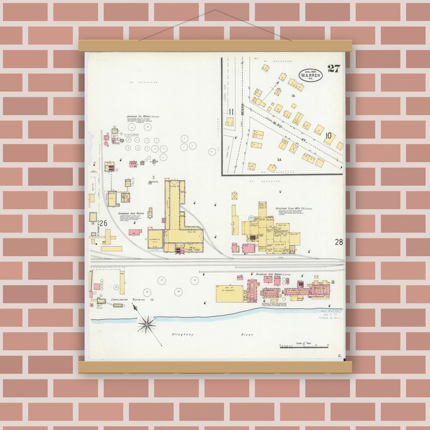 Old map wall art mockup — magnetic wood frame on brick wall — Sanborn Fire Insurance Map from Warren, Warren County, Pennsylvania (1904), Sheet #0027